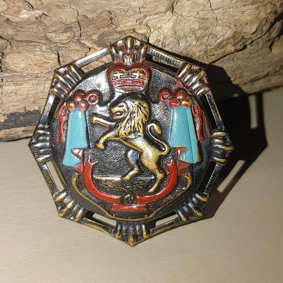 Large Hexagonal Lion Crest Brooch Pin Vintage Bronze Enamel Crown Banner Design - Picture 9 of 9